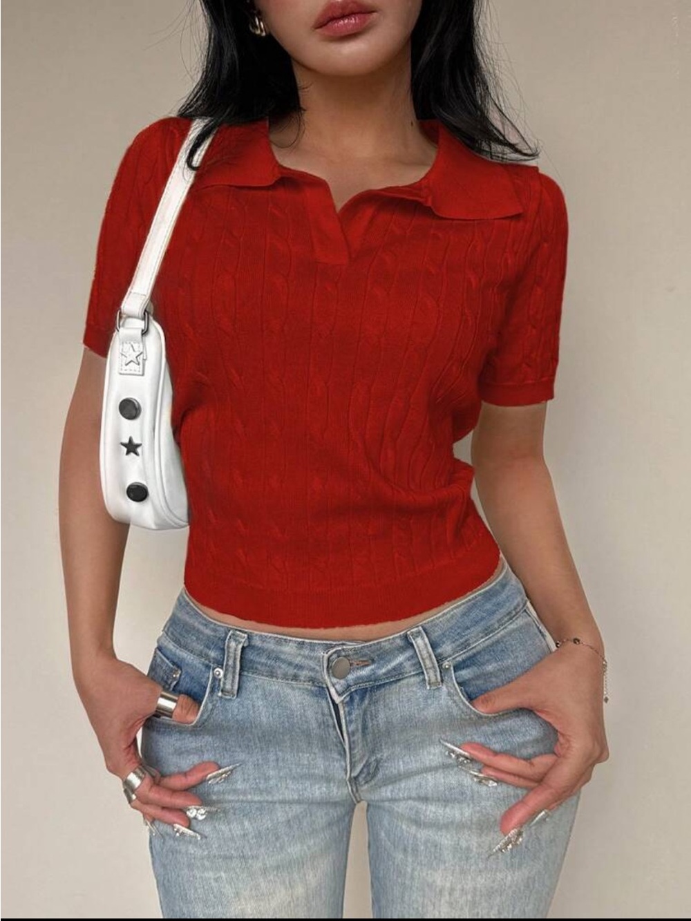 SHEIN Red Cable-Knit Polo Crop Top